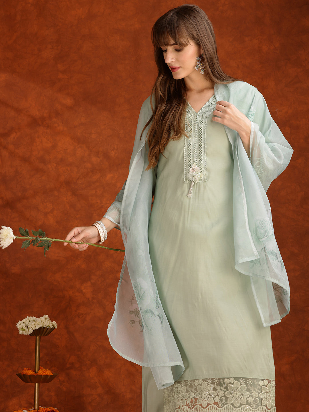 Artificial Flower & Lace Detailing Kurta With Pant & Dupatta, Green - Hiral Fashion | Grocsy