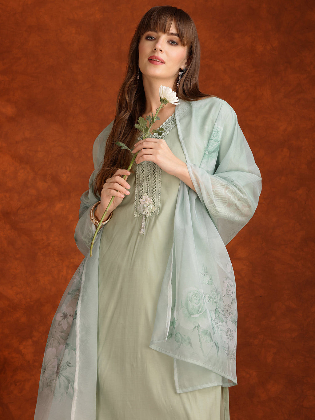 Artificial Flower & Lace Detailing Kurta With Pant & Dupatta, Green - Hiral Fashion | Grocsy