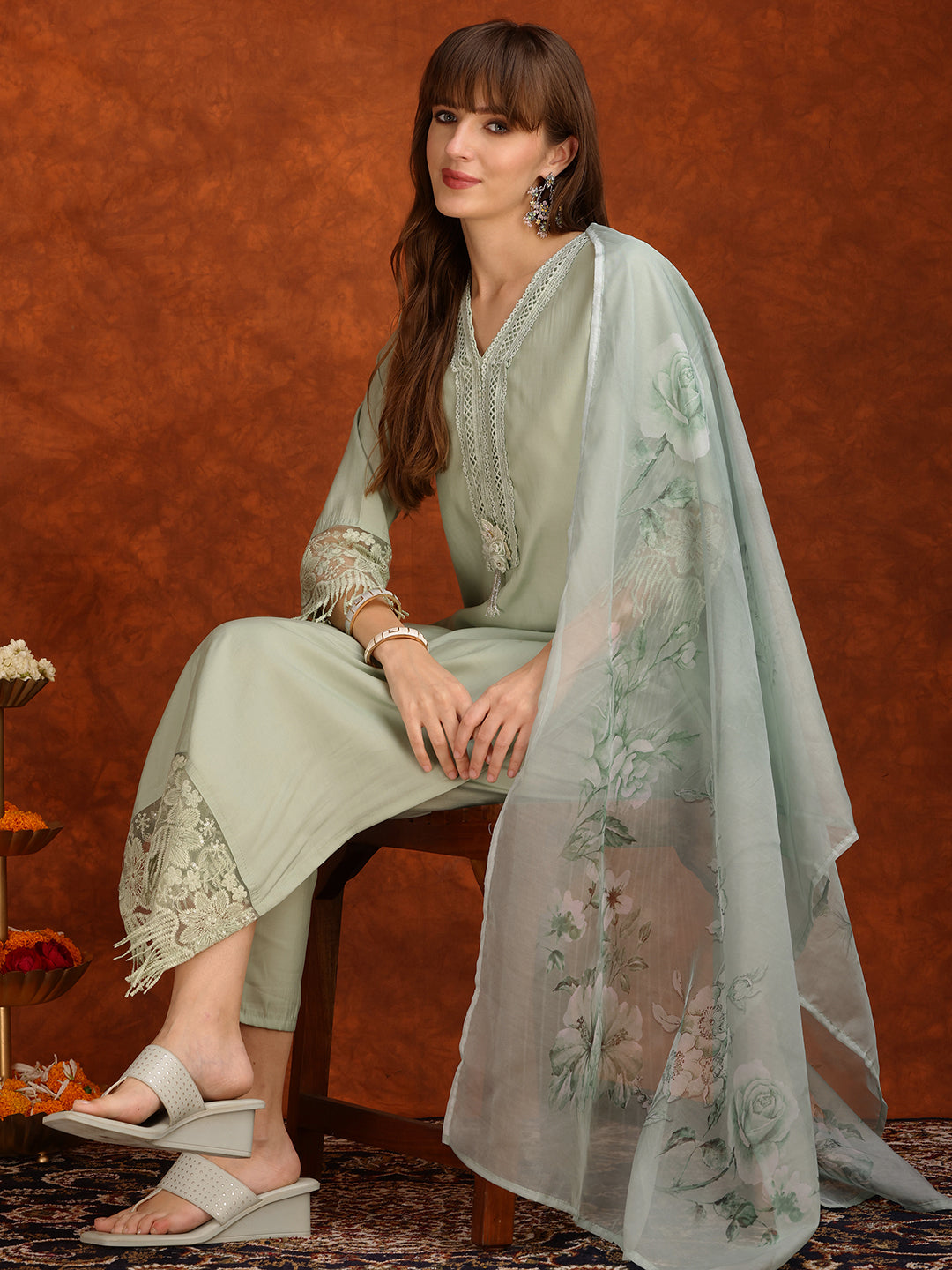 Artificial Flower & Lace Detailing Kurta With Pant & Dupatta, Green - Hiral Fashion | Grocsy