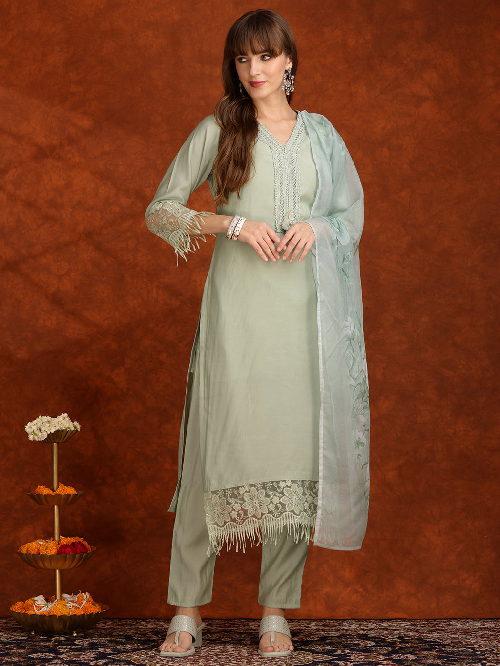 Artificial Flower & Lace Detailing Kurta With Pant & Dupatta, Green - Hiral Fashion | Grocsy