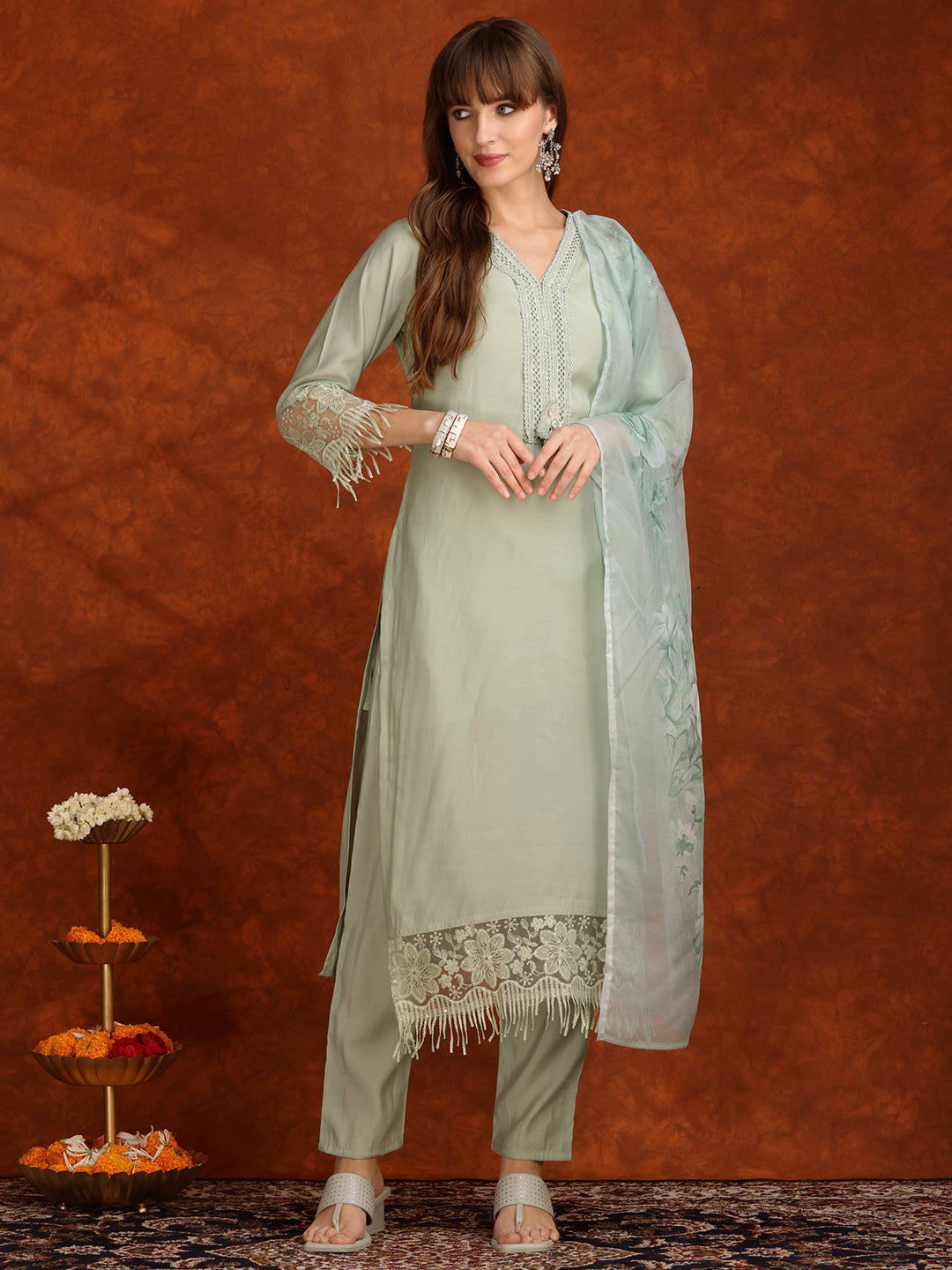 Artificial Flower & Lace Detailing Kurta With Pant & Dupatta, Green - Hiral Fashion | Grocsy