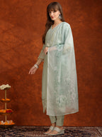 Artificial Flower & Lace Detailing Kurta With Pant & Dupatta, Green - Hiral Fashion | Grocsy