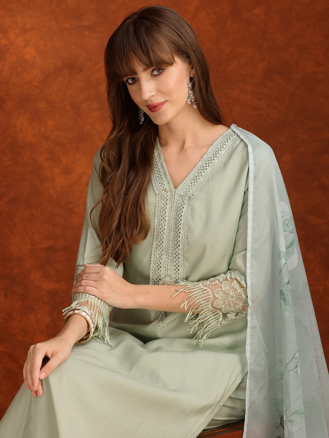 Artificial Flower & Lace Detailing Kurta With Pant & Dupatta, Green - Hiral Fashion | Grocsy