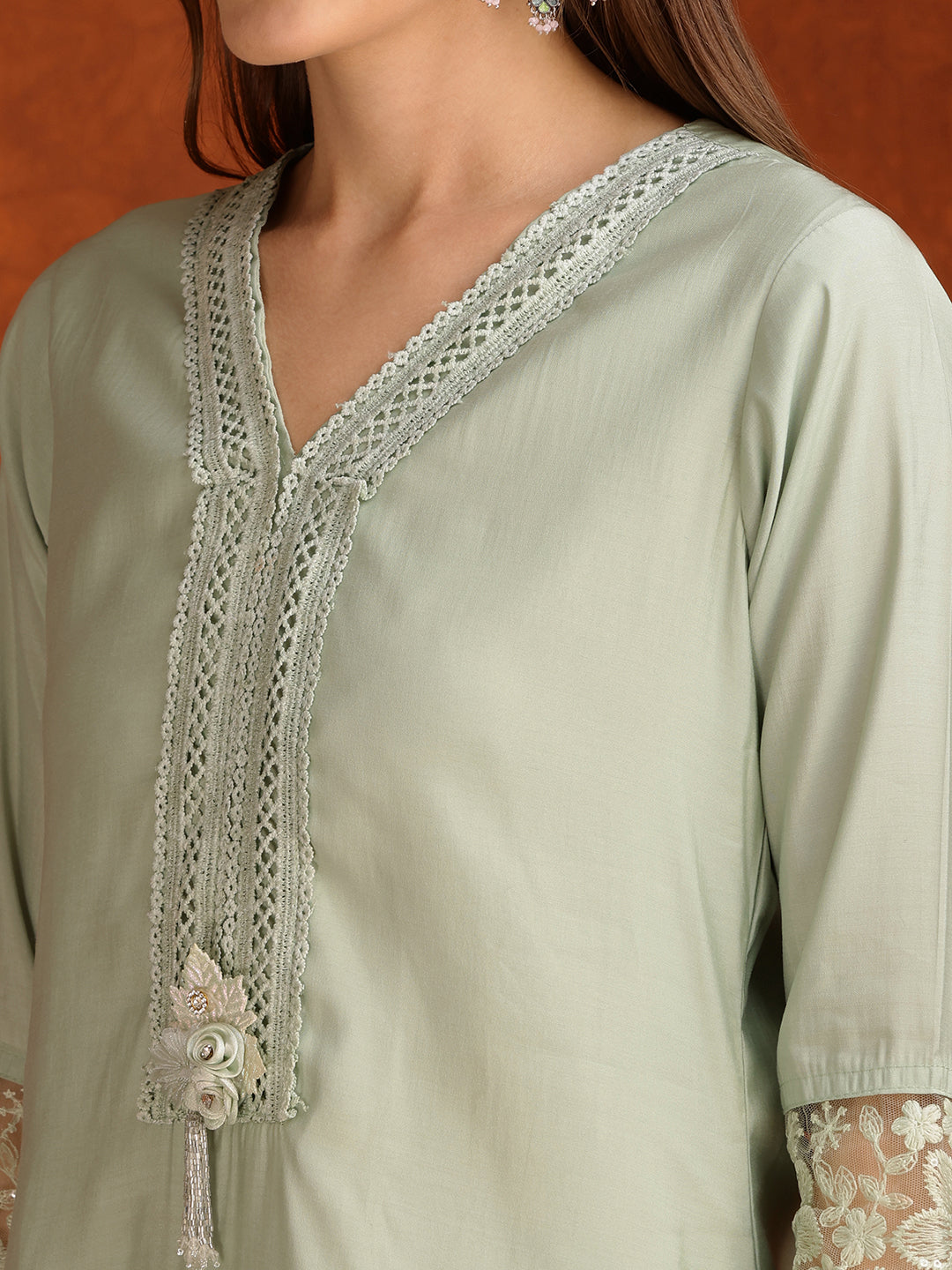 Artificial Flower & Lace Detailing Kurta With Pant & Dupatta, Green - Hiral Fashion | Grocsy