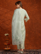 Artificial Flower & Lace Detailing Kurta With Pant & Dupatta, Green - Hiral Fashion | Grocsy