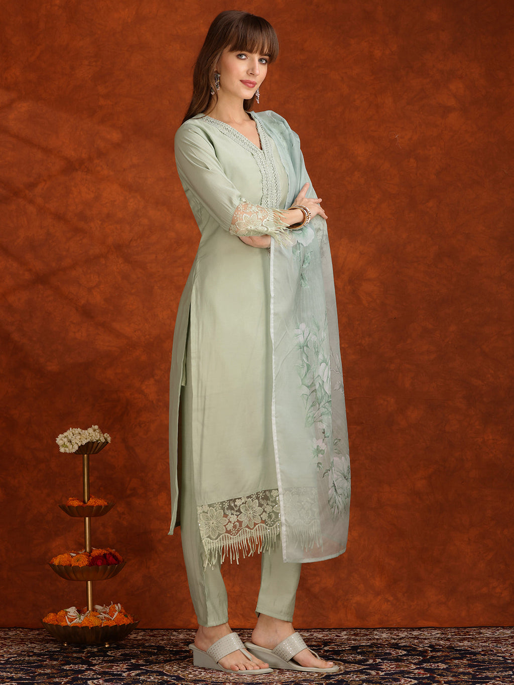 Artificial Flower & Lace Detailing Kurta With Pant & Dupatta, Green - Hiral Fashion | Grocsy