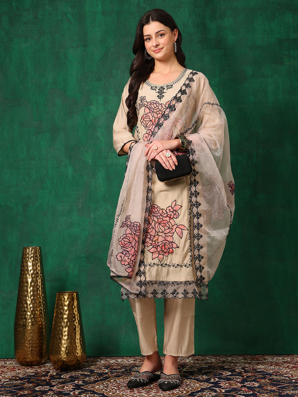 Applique Embroidered Kurta With Pant & Embroidered Dupatta, Beige - Hiral Fashion | Grocsy