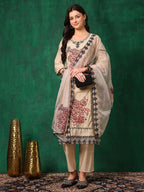 Applique Embroidered Kurta With Pant & Embroidered Dupatta, Beige - Hiral Fashion | Grocsy
