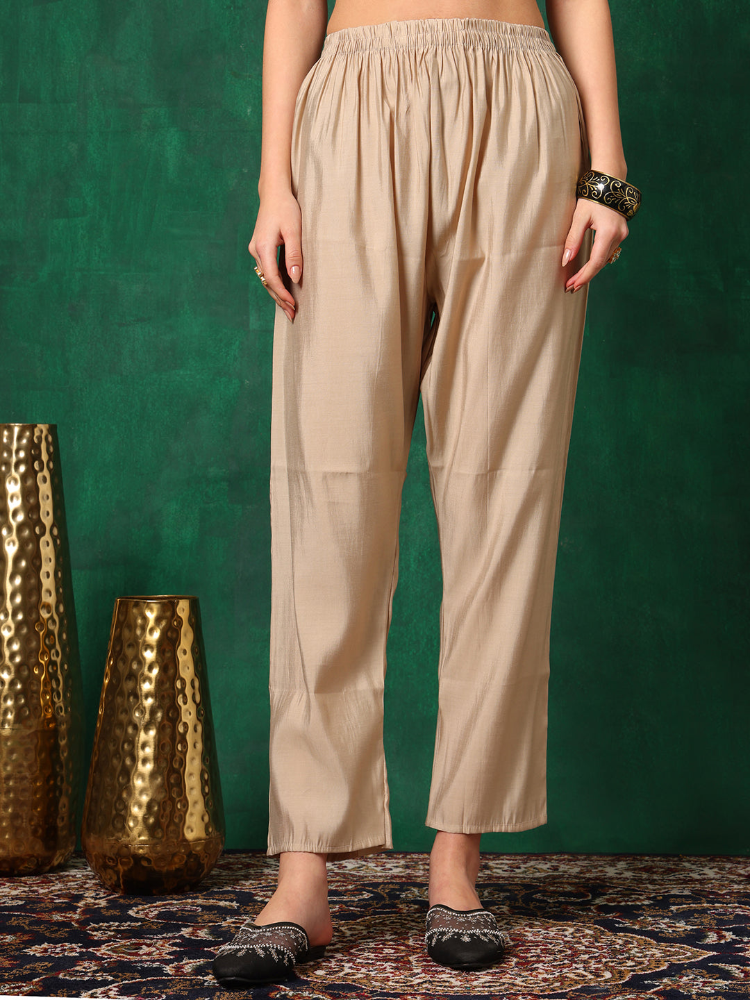 Applique Embroidered Kurta With Pant & Embroidered Dupatta, Beige - Hiral Fashion | Grocsy
