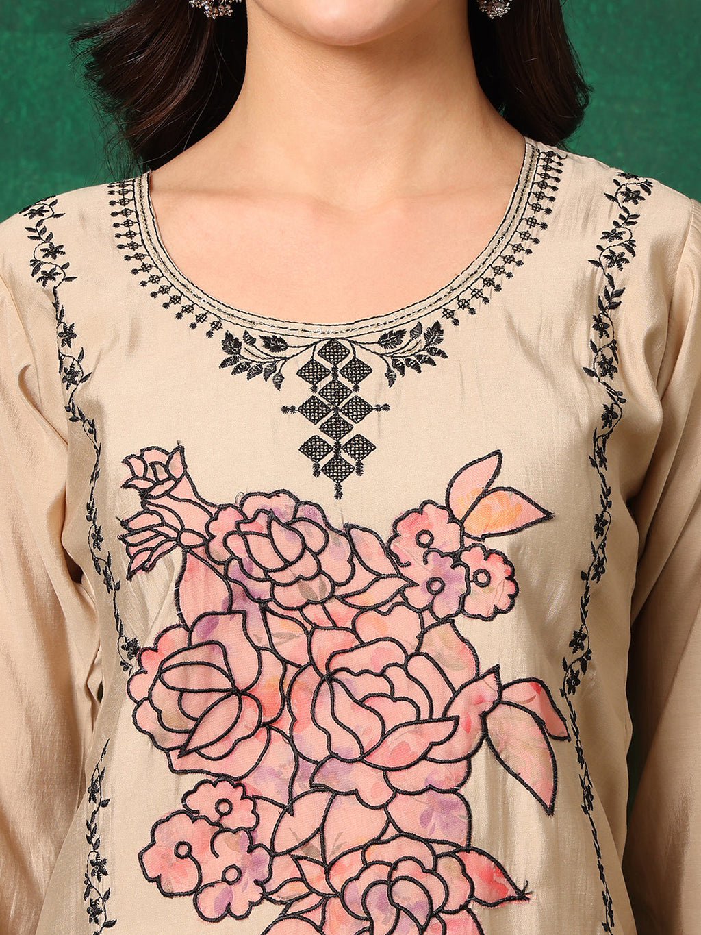 Applique Embroidered Kurta With Pant & Embroidered Dupatta, Beige - Hiral Fashion | Grocsy