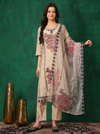 Applique Embroidered Kurta With Pant & Embroidered Dupatta, Beige - Hiral Fashion | Grocsy