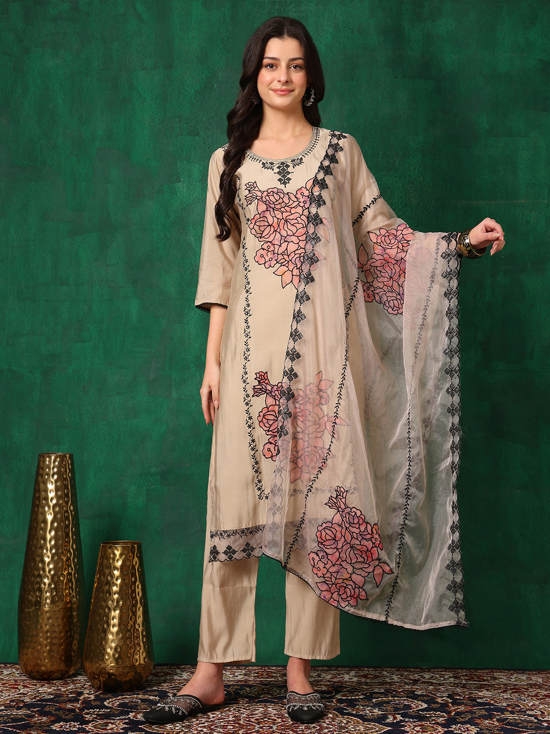 Applique Embroidered Kurta With Pant & Embroidered Dupatta, Beige - Hiral Fashion | Grocsy