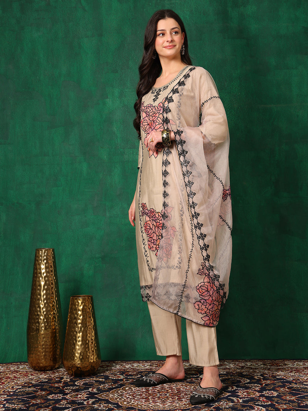 Applique Embroidered Kurta With Pant & Embroidered Dupatta, Beige - Hiral Fashion | Grocsy