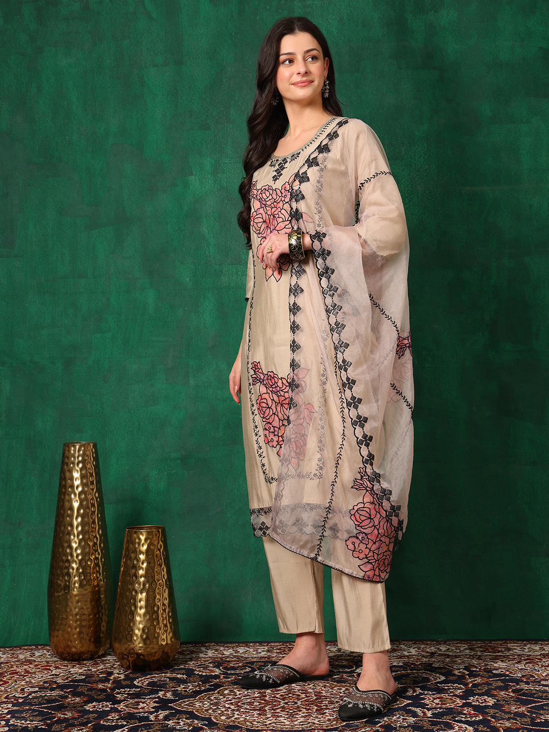 Applique Embroidered Kurta With Pant & Embroidered Dupatta, Beige - Hiral Fashion | Grocsy