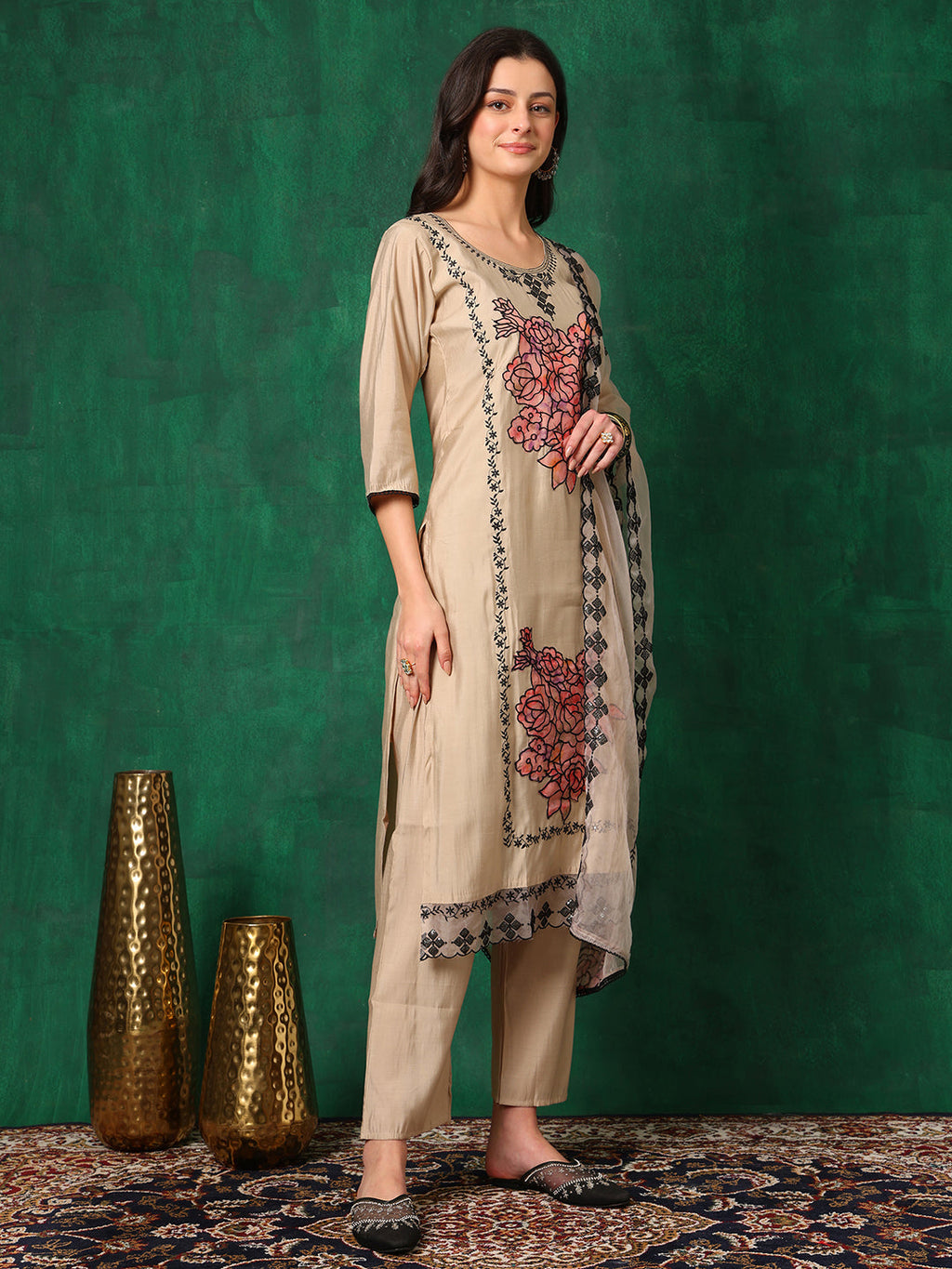 Applique Embroidered Kurta With Pant & Embroidered Dupatta, Beige - Hiral Fashion | Grocsy