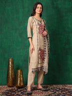 Applique Embroidered Kurta With Pant & Embroidered Dupatta, Beige - Hiral Fashion | Grocsy