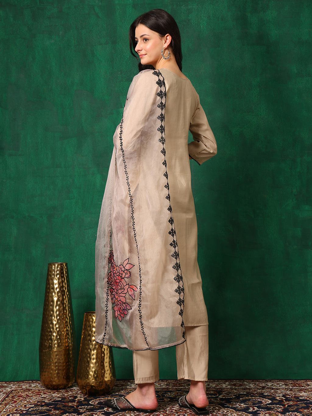 Applique Embroidered Kurta With Pant & Embroidered Dupatta, Beige - Hiral Fashion | Grocsy