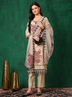Applique Embroidered Kurta With Pant & Embroidered Dupatta, Beige - Hiral Fashion | Grocsy