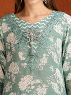 Flower Embellished And Printed Kurta With Pant & Dupatta, Green - Hiral Fashion | Grocsy