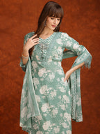 Flower Embellished And Printed Kurta With Pant & Dupatta, Green - Hiral Fashion | Grocsy