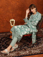 Flower Embellished And Printed Kurta With Pant & Dupatta, Green - Hiral Fashion | Grocsy