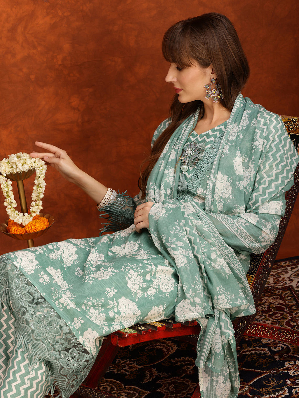 Flower Embellished And Printed Kurta With Pant & Dupatta, Green - Hiral Fashion | Grocsy