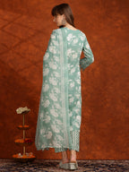 Flower Embellished And Printed Kurta With Pant & Dupatta, Green - Hiral Fashion | Grocsy