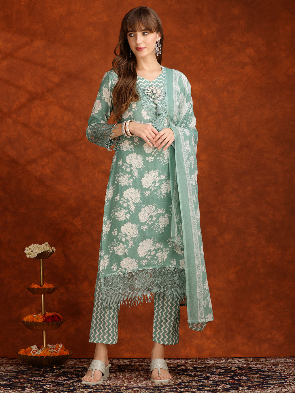 Flower Embellished And Printed Kurta With Pant & Dupatta, Green - Hiral Fashion | Grocsy