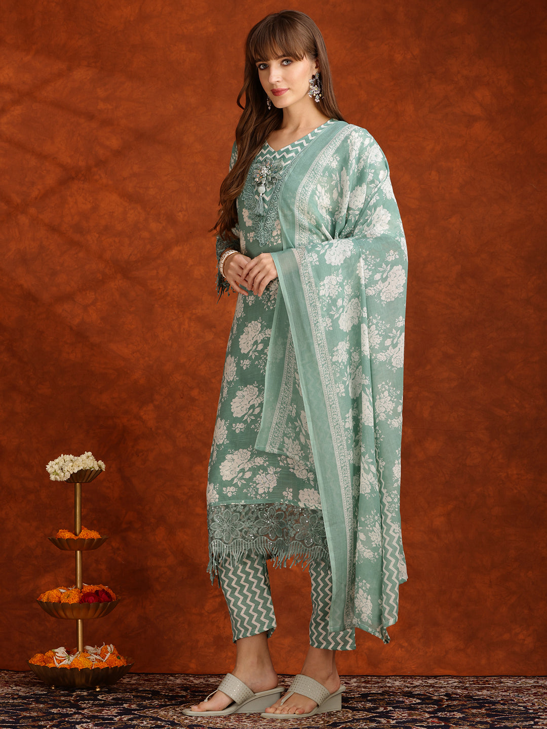 Flower Embellished And Printed Kurta With Pant & Dupatta, Green - Hiral Fashion | Grocsy