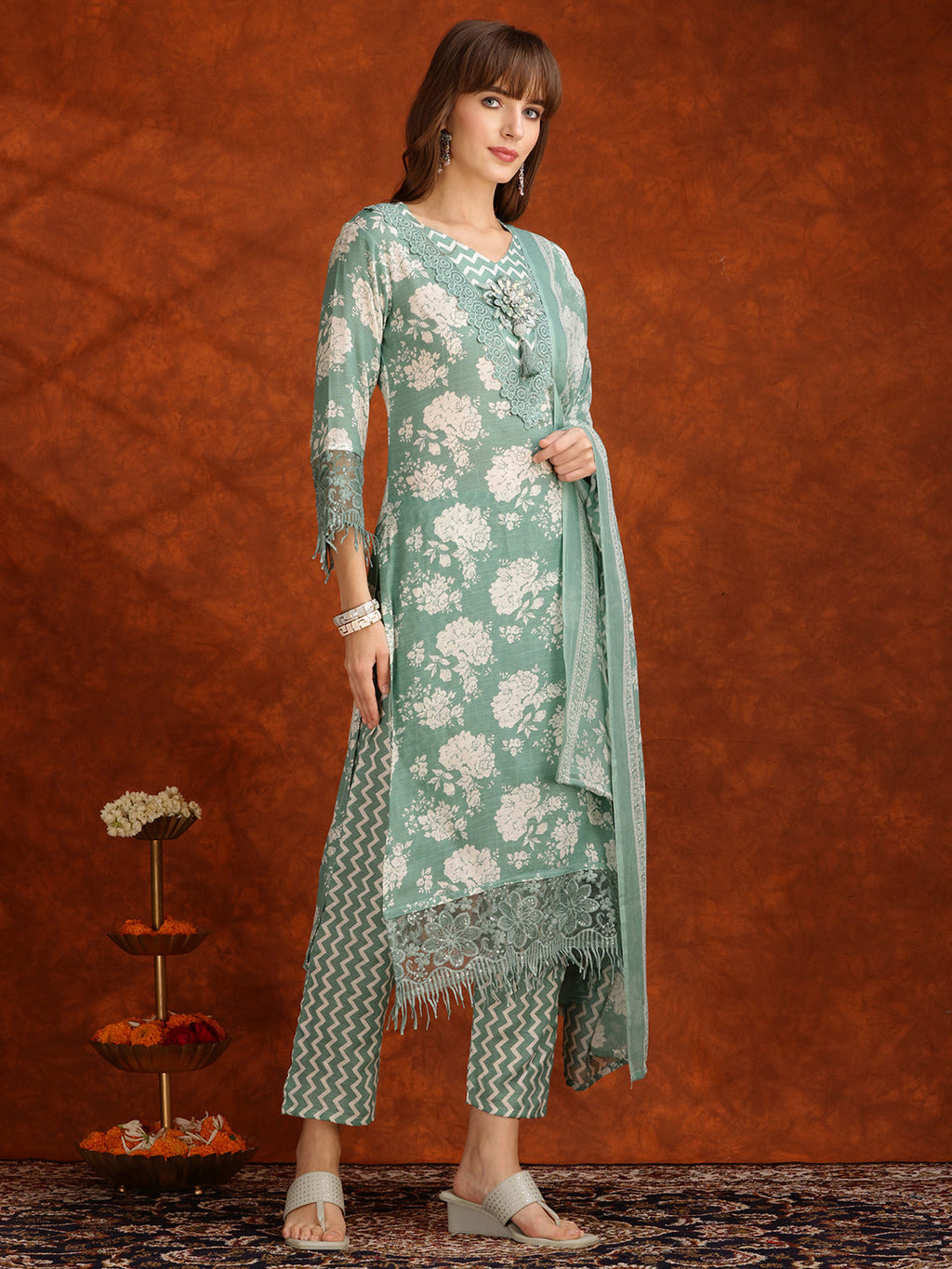 Flower Embellished And Printed Kurta With Pant & Dupatta, Green - Hiral Fashion | Grocsy