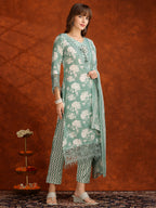 Flower Embellished And Printed Kurta With Pant & Dupatta, Green - Hiral Fashion | Grocsy