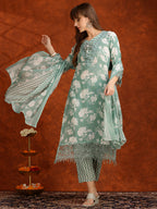 Flower Embellished And Printed Kurta With Pant & Dupatta, Green - Hiral Fashion | Grocsy