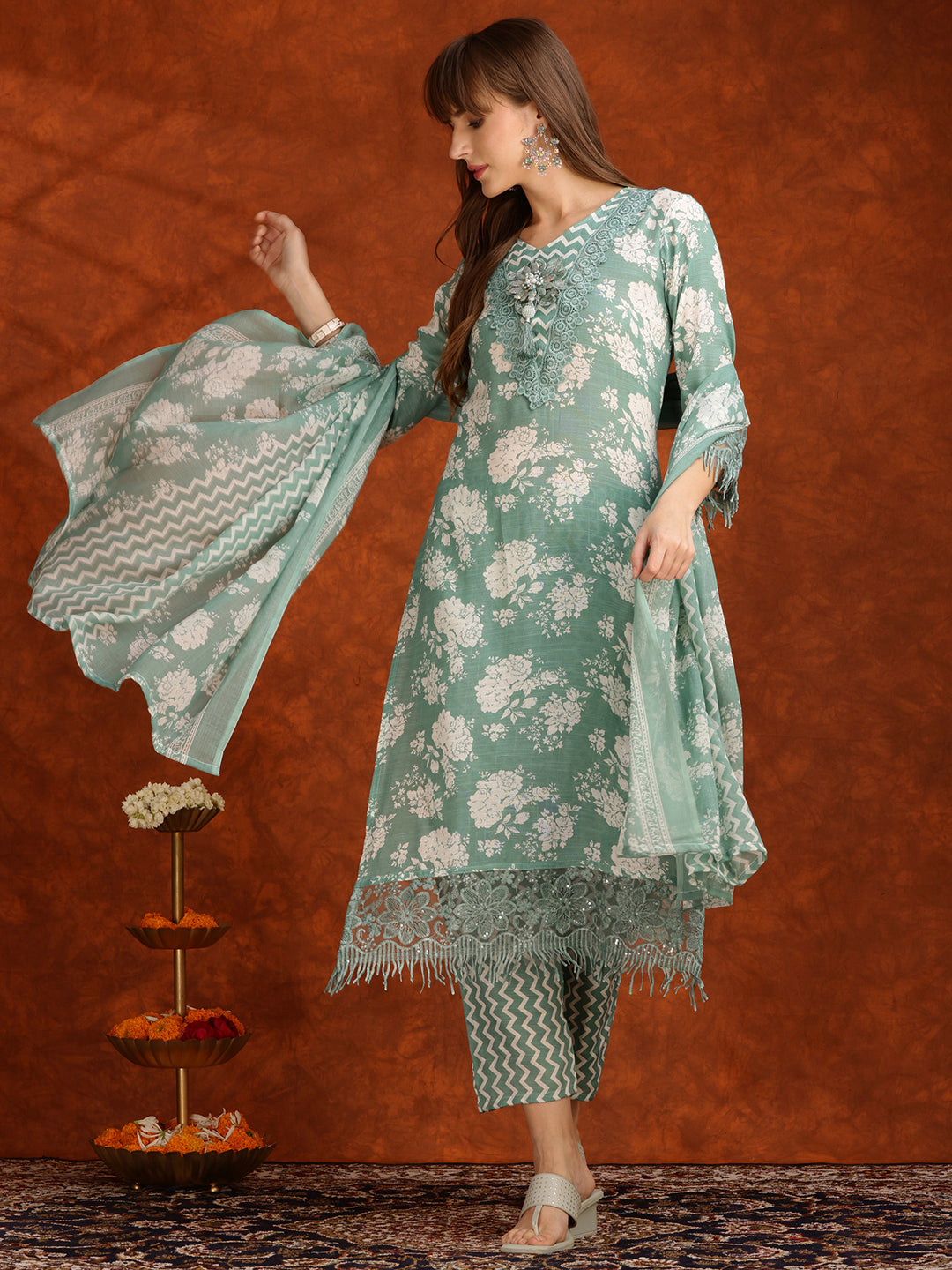 Flower Embellished And Printed Kurta With Pant & Dupatta, Green - Hiral Fashion | Grocsy