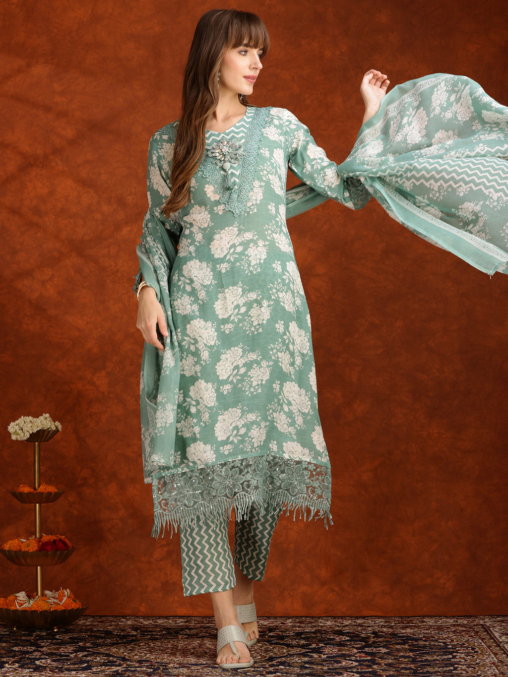 Flower Embellished And Printed Kurta With Pant & Dupatta, Green - Hiral Fashion | Grocsy