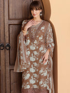 Flower Embellished And Printed Kurta With Pant & Dupatta, Brown - Hiral Fashion | Grocsy