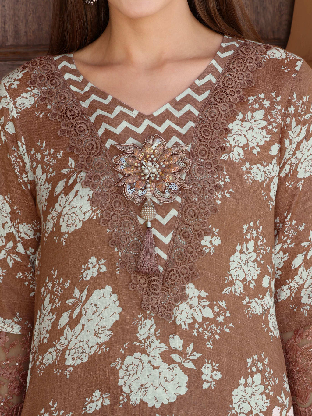 Flower Embellished And Printed Kurta With Pant & Dupatta, Brown - Hiral Fashion | Grocsy
