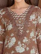 Flower Embellished And Printed Kurta With Pant & Dupatta, Brown - Hiral Fashion | Grocsy