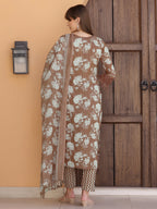 Flower Embellished And Printed Kurta With Pant & Dupatta, Brown - Hiral Fashion | Grocsy