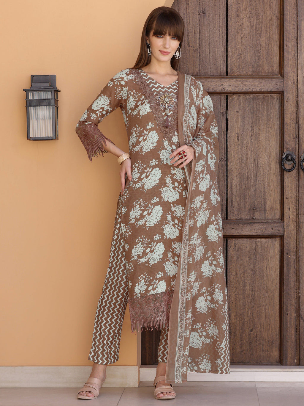 Flower Embellished And Printed Kurta With Pant & Dupatta, Brown - Hiral Fashion | Grocsy