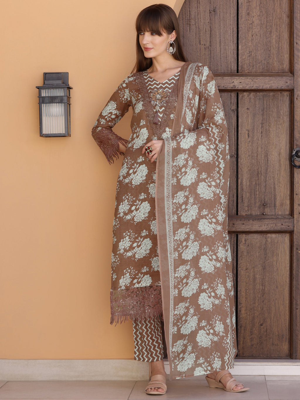 Flower Embellished And Printed Kurta With Pant & Dupatta, Brown - Hiral Fashion | Grocsy