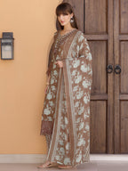 Flower Embellished And Printed Kurta With Pant & Dupatta, Brown - Hiral Fashion | Grocsy