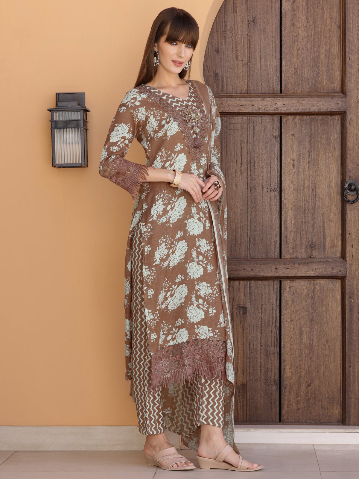 Flower Embellished And Printed Kurta With Pant & Dupatta, Brown - Hiral Fashion | Grocsy