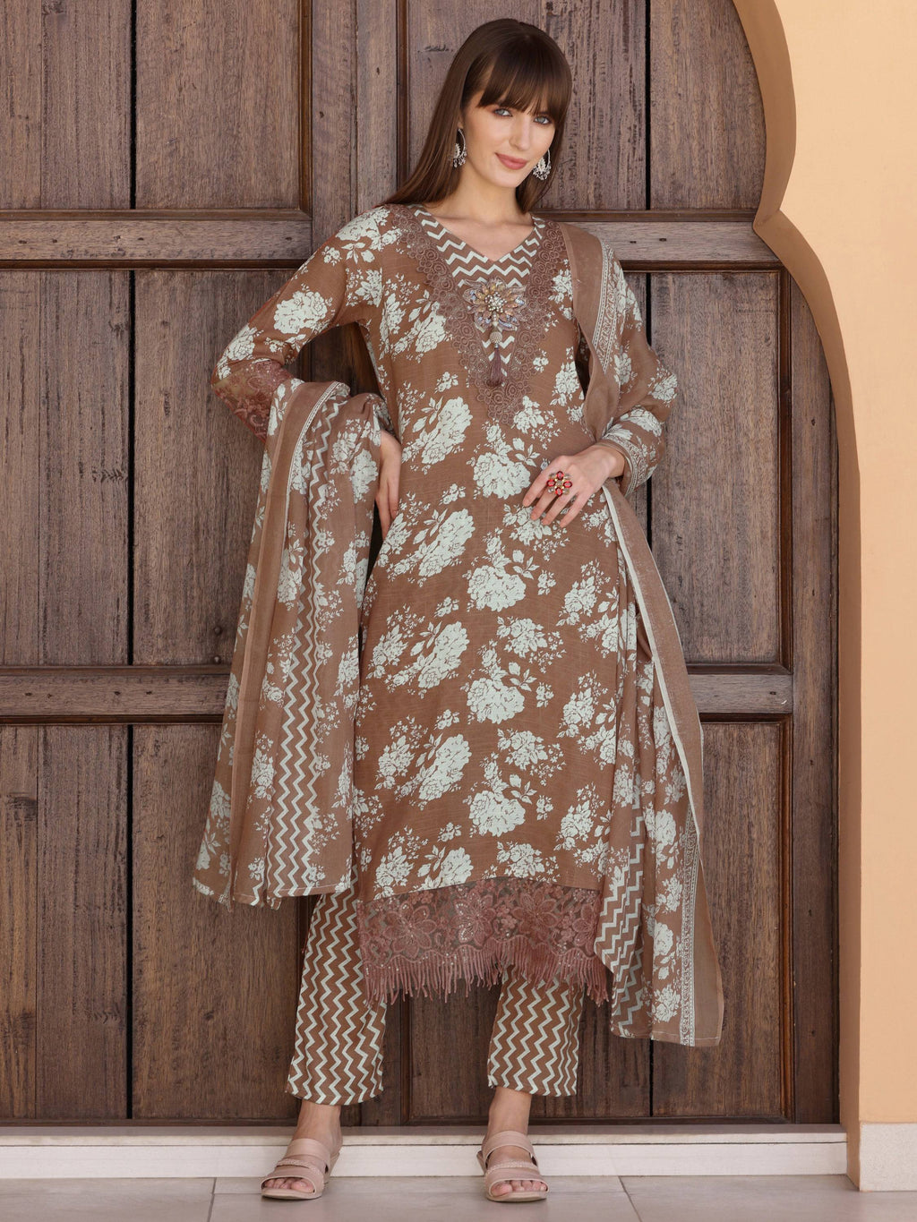 Flower Embellished And Printed Kurta With Pant & Dupatta, Brown - Hiral Fashion | Grocsy
