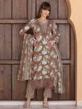 Flower Embellished And Printed Kurta With Pant & Dupatta, Brown - Hiral Fashion | Grocsy