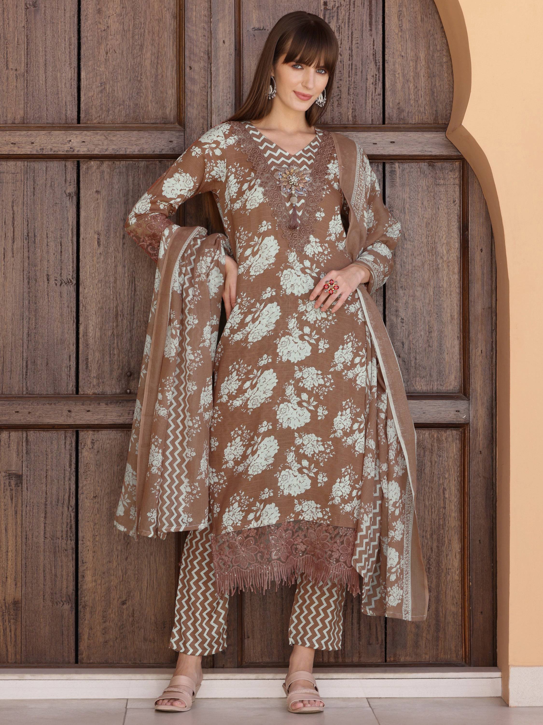 Flower Embellished And Printed Kurta With Pant & Dupatta, Brown - Hiral Fashion | Grocsy