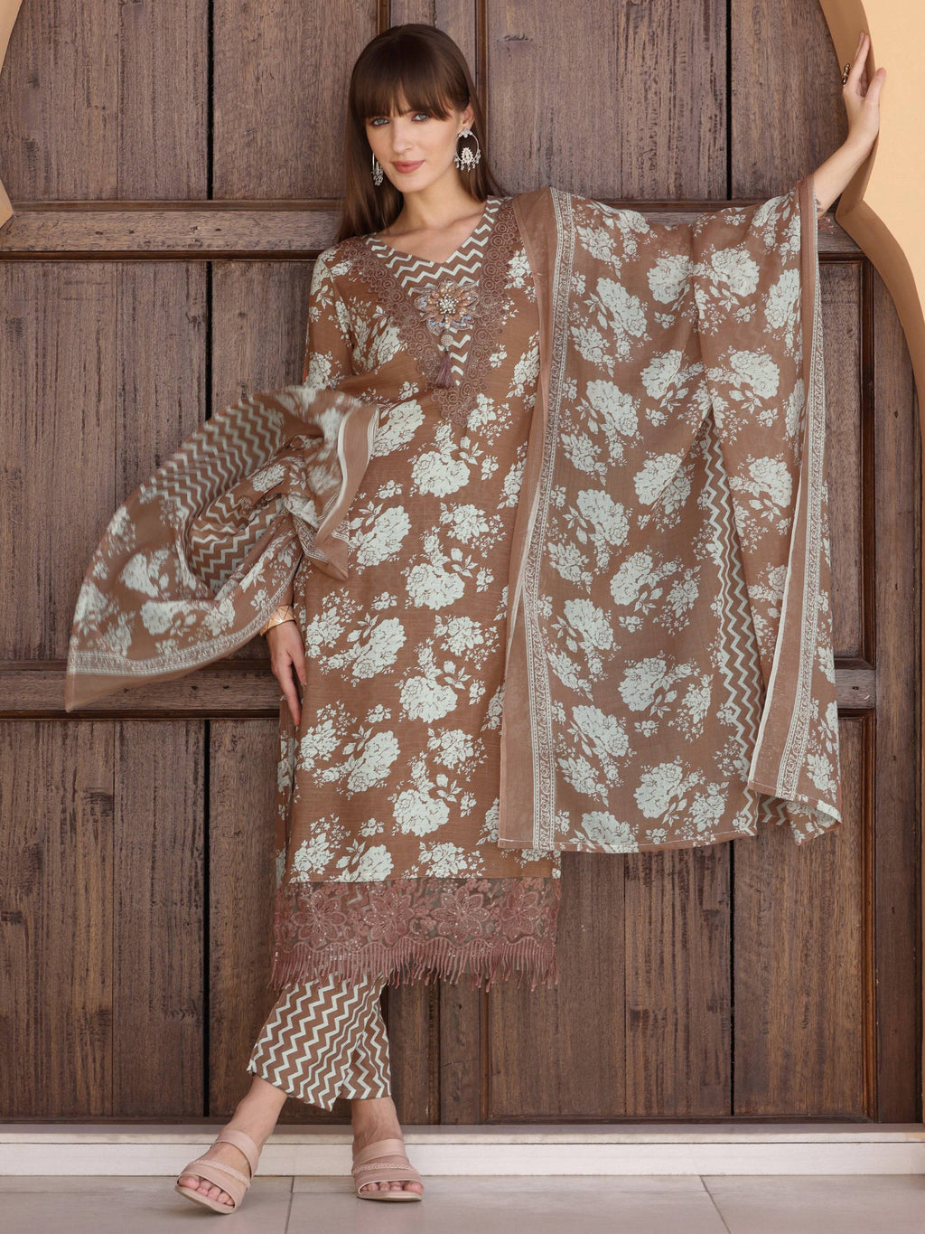 Flower Embellished And Printed Kurta With Pant & Dupatta, Brown - Hiral Fashion | Grocsy