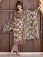 Flower Embellished And Printed Kurta With Pant & Dupatta, Brown - Hiral Fashion | Grocsy