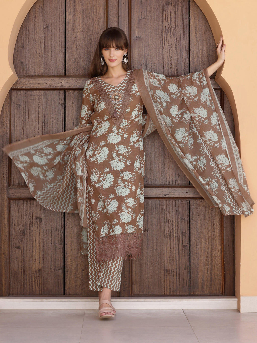 Flower Embellished And Printed Kurta With Pant & Dupatta, Brown - Hiral Fashion | Grocsy
