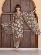 Flower Embellished And Printed Kurta With Pant & Dupatta, Brown - Hiral Fashion | Grocsy