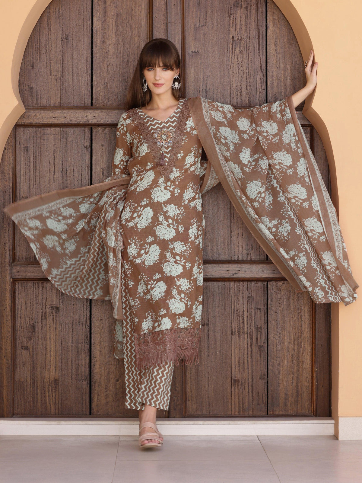 Flower Embellished And Printed Kurta With Pant & Dupatta, Brown - Hiral Fashion | Grocsy